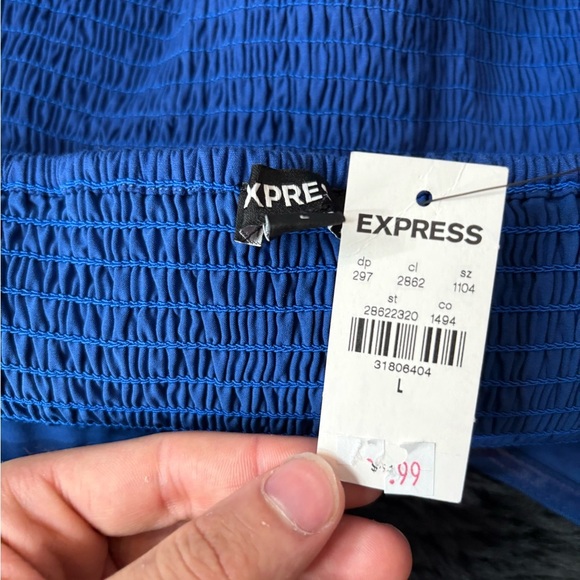 Express Blue Puff Sleeve Peplum Blouse Smocked Ruffle Hem Draped Front Top large - Picture 6 of 13